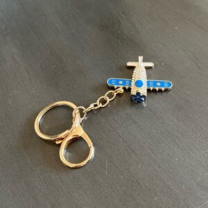 Blue Gold Airplane Plane Travel Allover Rhinestone 2” Keychain Bag Charm Vacay